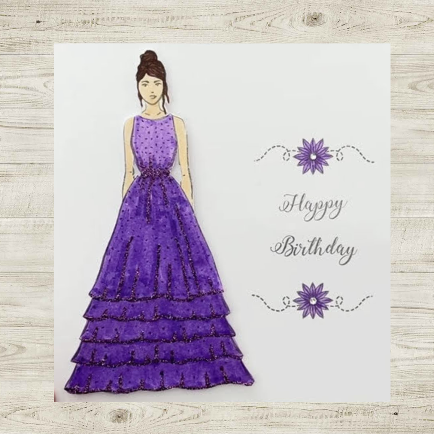 Handmade Fashion Illustration Greeting Card – Birthday Dress Design | Pink, Red, Purple & Yellow Colour Options
