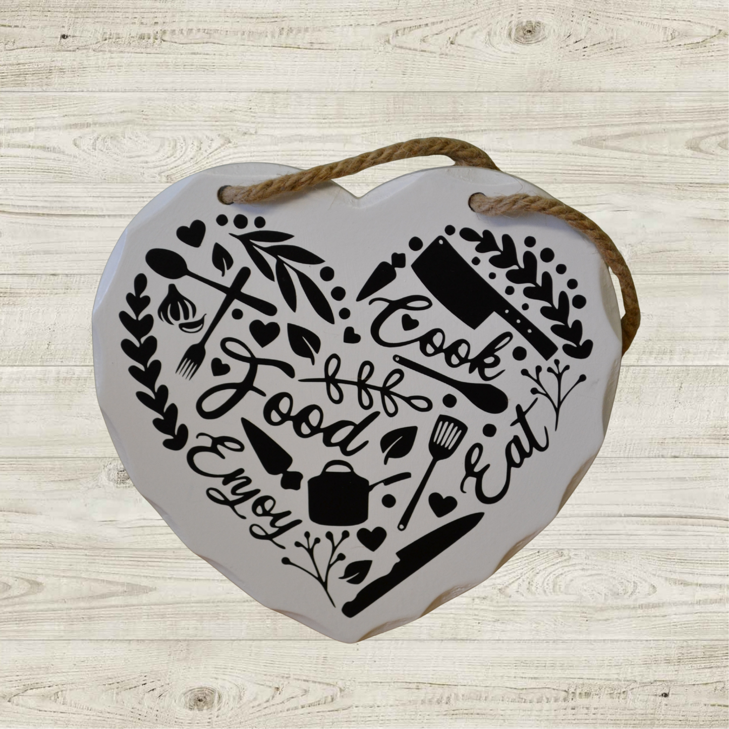 Rustic Heart Kitchen Sign | Cook Eat Enjoy Food Wall Decor | Farmhouse Kitchen Hanging Sign | Country Kitchen Gift