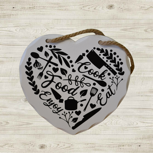 Rustic Heart Kitchen Sign | Cook Eat Enjoy Food Wall Decor | Farmhouse Kitchen Hanging Sign | Country Kitchen Gift