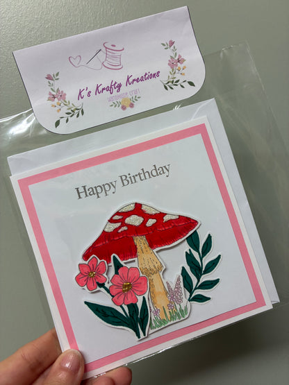 Handmade “Happy Birthday” Mushroom Greeting Card – Whimsical Floral Illustrated Card