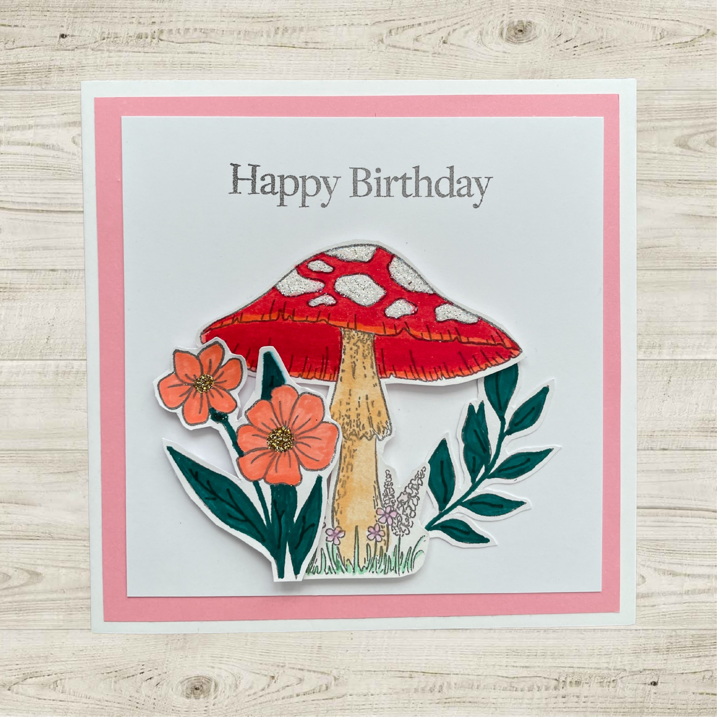Handmade “Happy Birthday” Mushroom Greeting Card – Whimsical Floral Illustrated Card