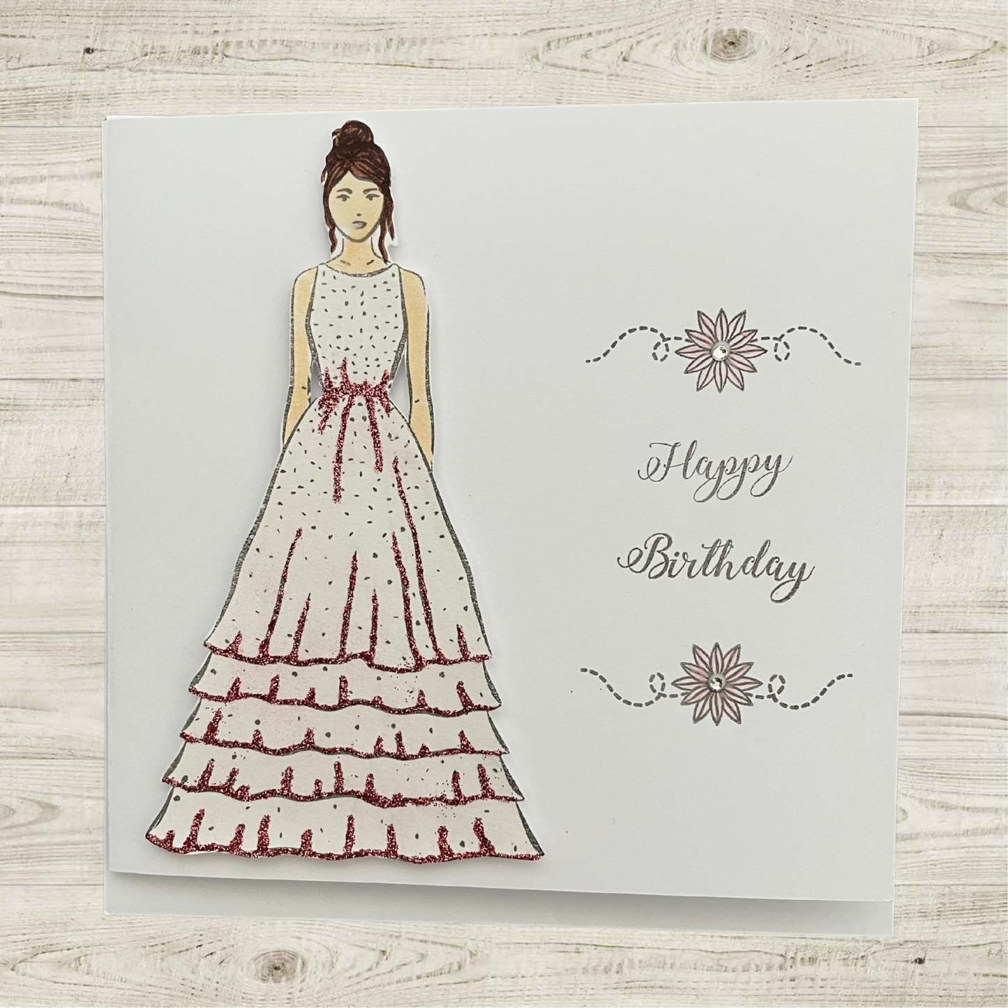 Handmade Fashion Illustration Greeting Card – Birthday Dress Design | Pink, Red, Purple & Yellow Colour Options