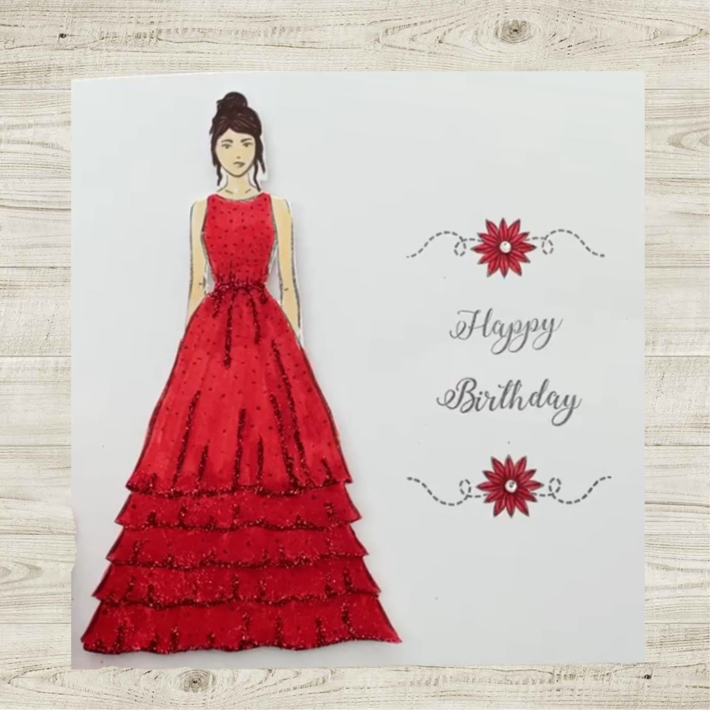 Handmade Fashion Illustration Greeting Card – Birthday Dress Design | Pink, Red, Purple & Yellow Colour Options