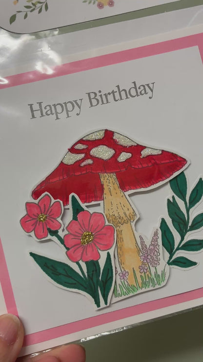 Handmade “Happy Birthday” Mushroom Greeting Card – Whimsical Floral Illustrated Card